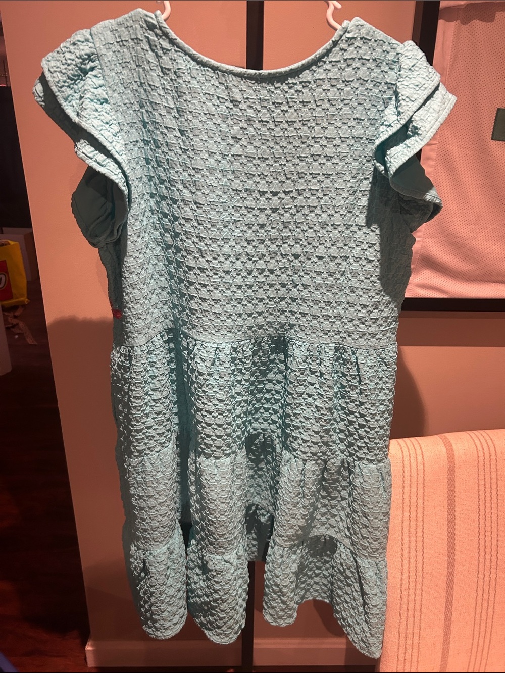 Hailey and Co Textured Embroidered Aqua Cotton Dress with Pink Floral Detail - Picture 4 of 4